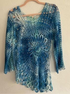 Boston Proper Blue Tie Dye Crochet Open Knit Sweater Large